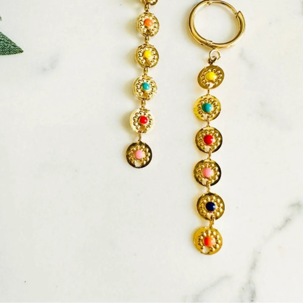 2/$30šµ Delicate Gold Disc Colorful Dot Earrings Dangle Bohemian Hippie Boho NEW - Picture 3 of 6